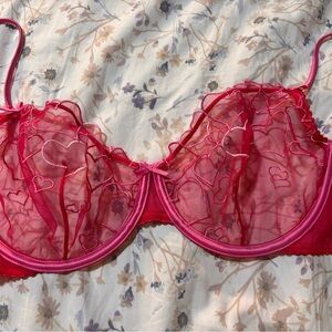 Embroidered Tulle Unlined Demi Bra Women's Size 38DD Pink Lace Heart Pattern New
